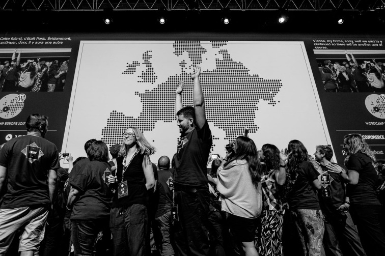 Volunteers on stage at WordCamp Europe